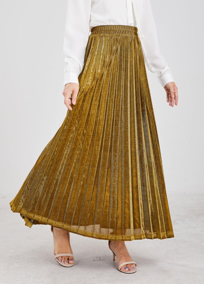 CHARTOU Women's Premium Metallic Shiny Shimmer Accordion Pleated Long Maxi Skirt (Small, Gold) - Image 2